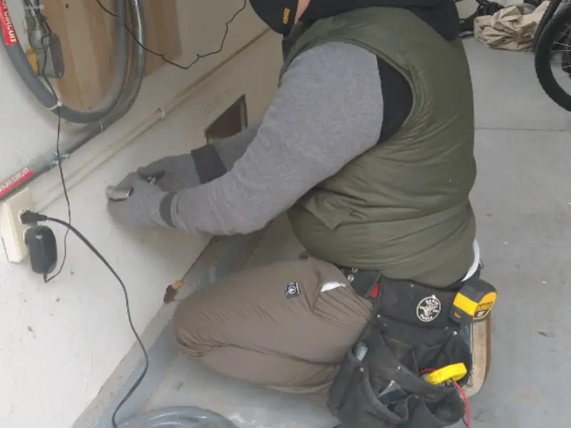 Electrician performing outlet wiring in a Ferris garage